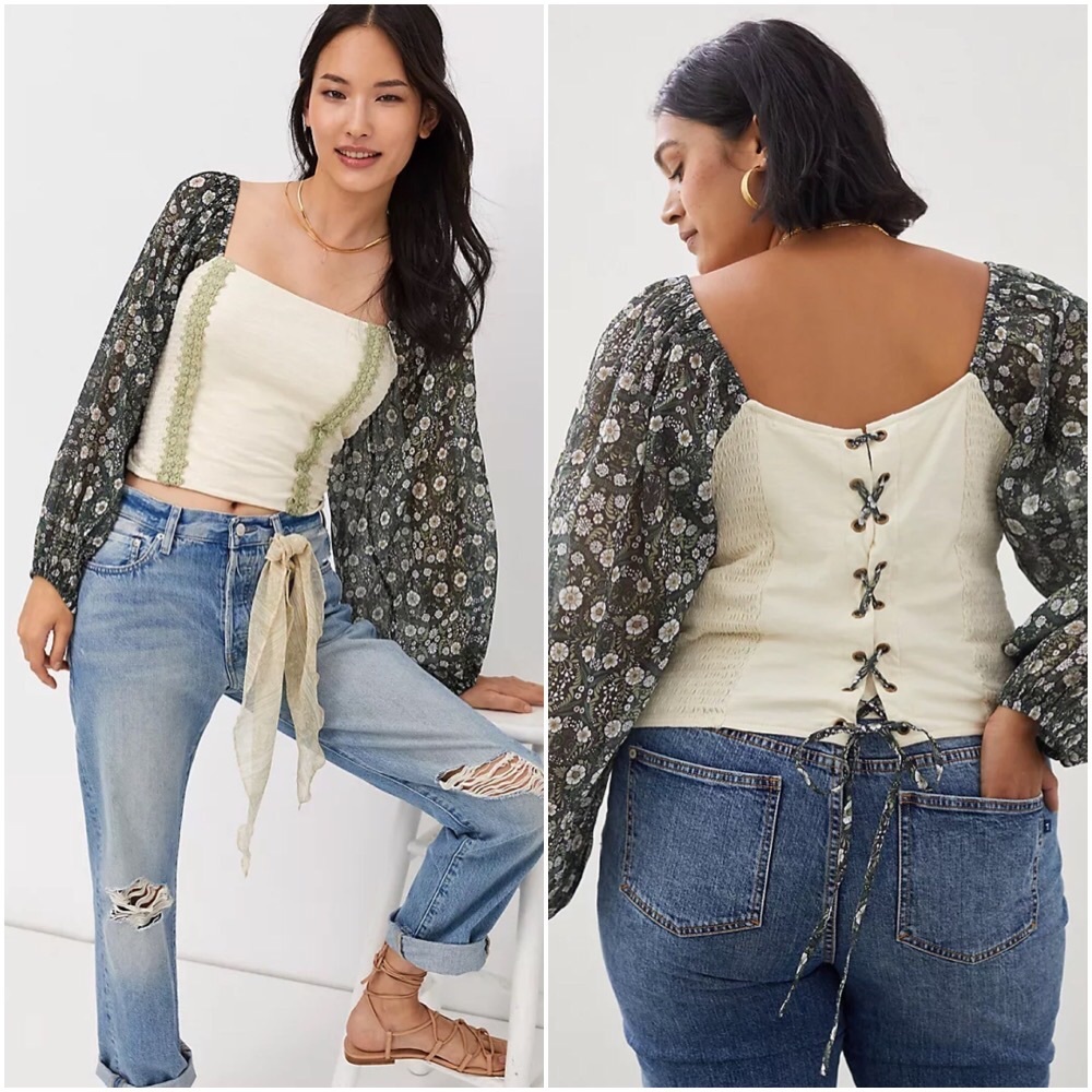 NWT ANTHROPOLOGIE SMOCKED BALLOON-SLEEVE TOP IN MOSS - Picture 9 of 9